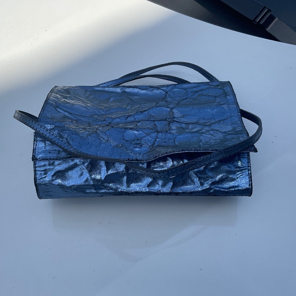 Italian made Zilla handbag 100% calf leather Metallic Blue - Picture 4 of 15